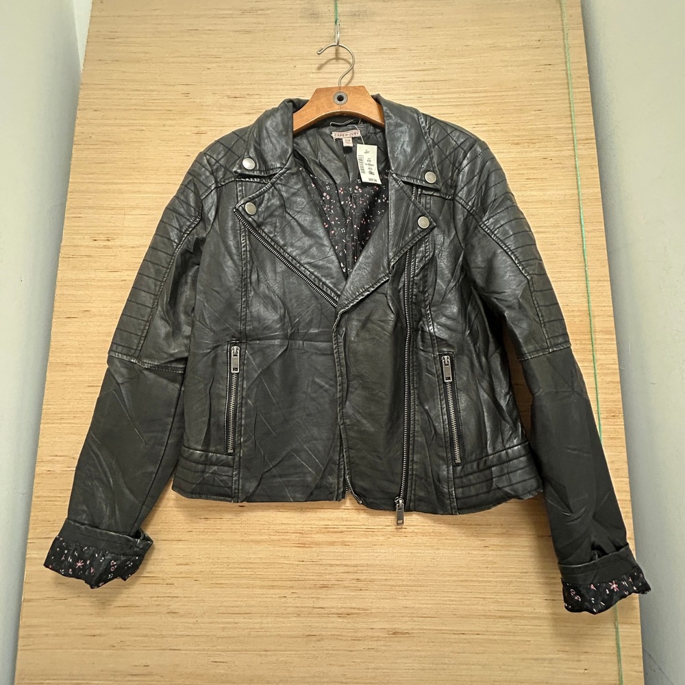 Cape Juby Womens Faux Leather Moto Biker Jacket Black Floral Lining NWT Size M